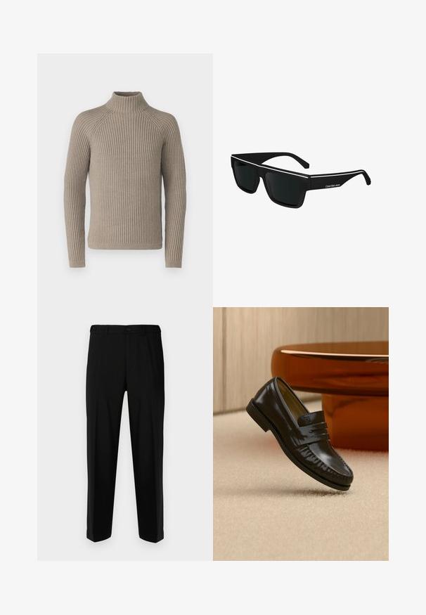 Suéter de cuello alto de canalé beige con mangas largas, que presenta una silueta ajustada y un patrón de punto texturizado. Hecho de un material suave.; Pantalones negros de tela suave, con corte recto, dos bolsillos frontales y cremallera con cierre de botón.; Mocasín de cuero negro brillante con detalle de correa, colocado sobre una alfombra beige cerca de una mesa de café redonda marrón en una habitación con iluminación suave.; Calvin Klein Jeans Gafas de sol - black