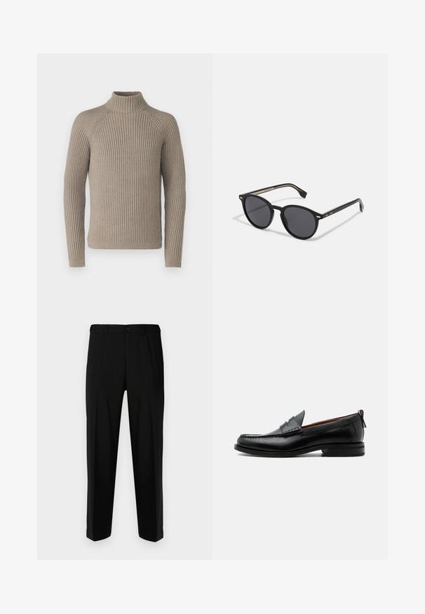 Suéter de cuello alto de canalé beige con mangas largas, que presenta una silueta ajustada y un patrón de punto texturizado. Hecho de un material suave.; Pantalones negros de tela suave, con corte recto, dos bolsillos frontales y cremallera con cierre de botón.; Mocasín de hombre de piel negra con costura moc toe, tira penny, cuello texturizado y tacón bajo apilado sobre fondo blanco.; BOSS Gafas de sol - black