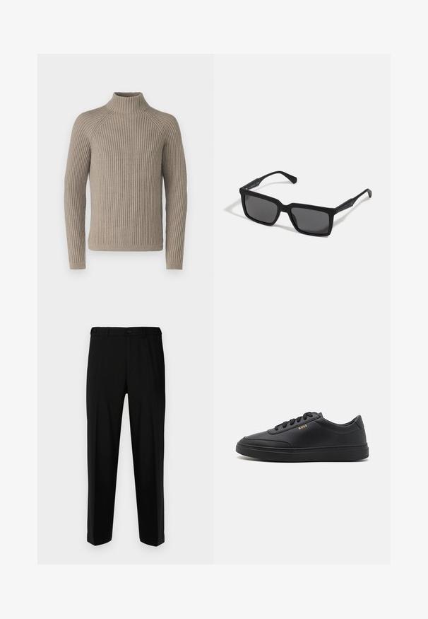 Suéter de cuello alto de canalé beige con mangas largas, que presenta una silueta ajustada y un patrón de punto texturizado. Hecho de un material suave.; Pantalones negros de tela suave, con corte recto, dos bolsillos frontales y cremallera con cierre de botón.; Zapatillas de cuero negro con una textura suave, punta redondeada, suela plana de goma y cordones a tono. Presentan el logotipo dorado "BOSS" en el lateral.; Gafas de sol negras con lentes rectangulares, acabado mate, montura gruesa y brazos delgados con un discreto detalle de marca.