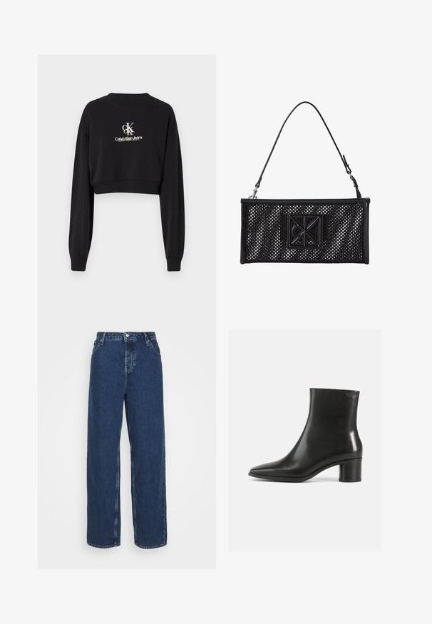 Čierna skrátená mikina vyrobená z jemnej tkaniny, má okrúhly výstrih a dlhé rukávy. Zobrazuje logo "CK Calvin Klein Jeans" v bielej a zlatej farbe.; Tmavomodré rifľové nohavice s širokými nohavicami a vysokým pásom, s uzatváraním na gombík a zips, dizajnom s piatimi vreckami a rovnými nohavicami od bedra po lem.; Čierna kožená členková čižma so špicatou špičkou a stredne vysokým hrubým podpätkom. Hladká štruktúra a minimalistický dizajn. Žiadne viditeľné kovové prvky.; Čierna obdĺžniková sieťovaná kabelka s odnímateľným tenkým remienkom a v strede umiestnenou geometrickou logovou nášivkou na prednej strane.