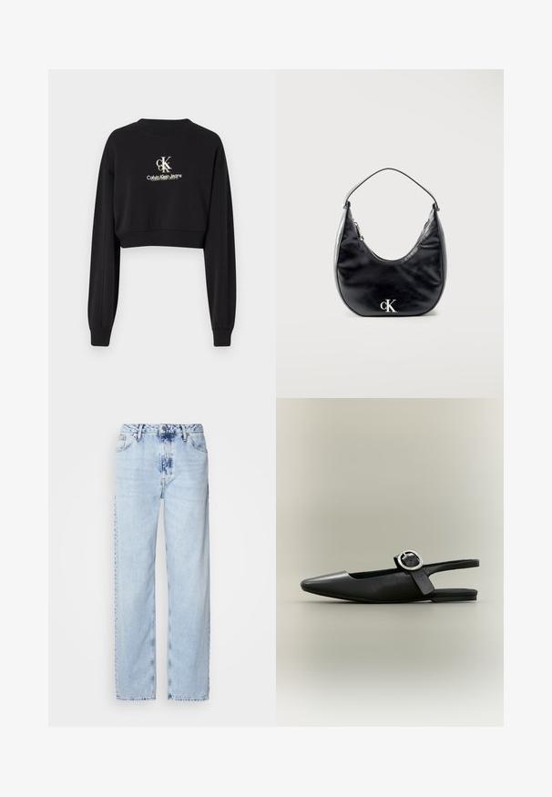 Must musträbiga musta overly on pehmeast kangast, ümmarguse kaelusega ja pikkade varrukatega. Esiküljel on logo "CK Calvin Klein Jeans" valge ja kulla värvuses.; Heledad sinise värvi laiad teksad, mis on valmistatud denimist, kõrge vöökoht, pleekinud pesu ja peen tie-dye muster ettepoole.; Mustad terava ninaosaga tasane slingback-kinga hõbedase pandla ja madala kannaga neutraalsel taustal.; Mustast nahast poolkuu-kujuline käekott, lühikese rihmaga ja ees hõbedane "cK" logo, peal tõmblukk.