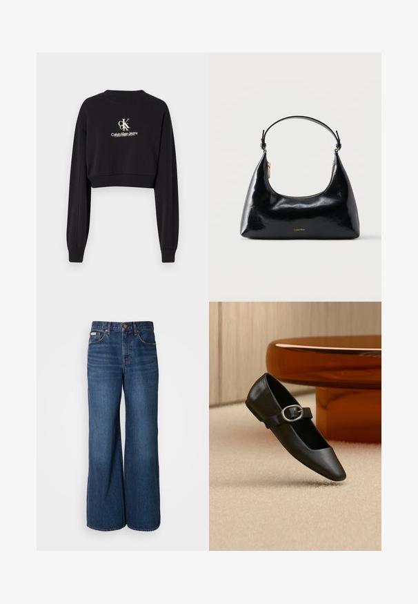 Čierna skrátená mikina vyrobená z jemnej tkaniny, má okrúhly výstrih a dlhé rukávy. Zobrazuje logo "CK Calvin Klein Jeans" v bielej a zlatej farbe.; Džíny s širokými nohavicami vyrobené z tmavomodrého denim. Vlastnosti zahŕňajú vysoký pás, päť vreciek a kontrastné oranžové švy pozdĺž švov.; Čierna kožená balerína Mary Jane s plochou podrážkou a striebornou prackou, zobrazená na béžovom koberci vedľa hnedej okrúhlej podnože stola.; Čierna lesklá kabelka Calvin Klein so zlatým zipsom a krátkym remienkom na bielom pozadí.