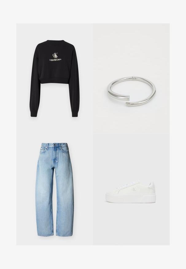 Must musträbiga musta overly on pehmeast kangast, ümmarguse kaelusega ja pikkade varrukatega. Esiküljel on logo "CK Calvin Klein Jeans" valge ja kulla värvuses.; Hele sinised sirge säärega teksapüksid, millel on viis taskut, vööaasad ja esil nööpidega kinnitusriba.; Valged platvormiketid sileda nahkjalaga, ümmargune varvas, valged paelad ja peen logo detail küljel. Lame kummist tald.; Calvin Klein SPIRAL - Käevõru - silver-coloured