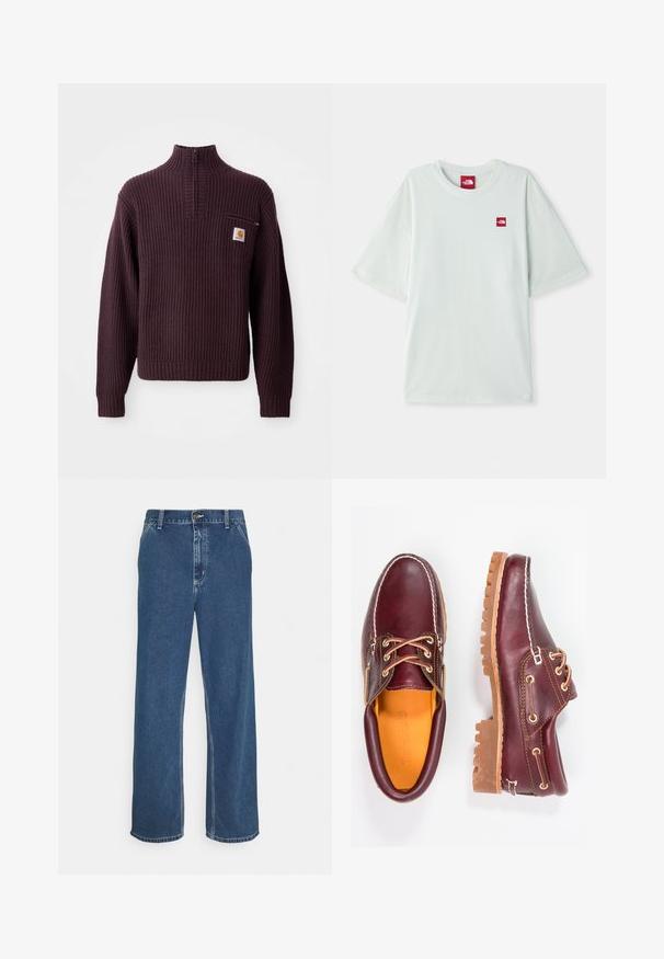 Pull en maille violet à col zippé mi-hauteur, avec une petite poche poitrine et un écusson logo à l'avant. Tissu texturé et poignets ajustés.; T-shirt à manches courtes vert clair en coton doux, arborant une petite étiquette logo rouge sur la zone gauche de la poitrine. Coupe décontractée et col rond.; Jean en denim bleu avec une coupe droite, un design à cinq poches, fermeture à bouton métallique et coutures visibles le long des coutures et de l'ourlet.; Chaussures en cuir bourgogne avec semelles en caoutchouc marron, bout rond, couture blanche et œillets dorés. L'intérieur présente une doublure jaune.