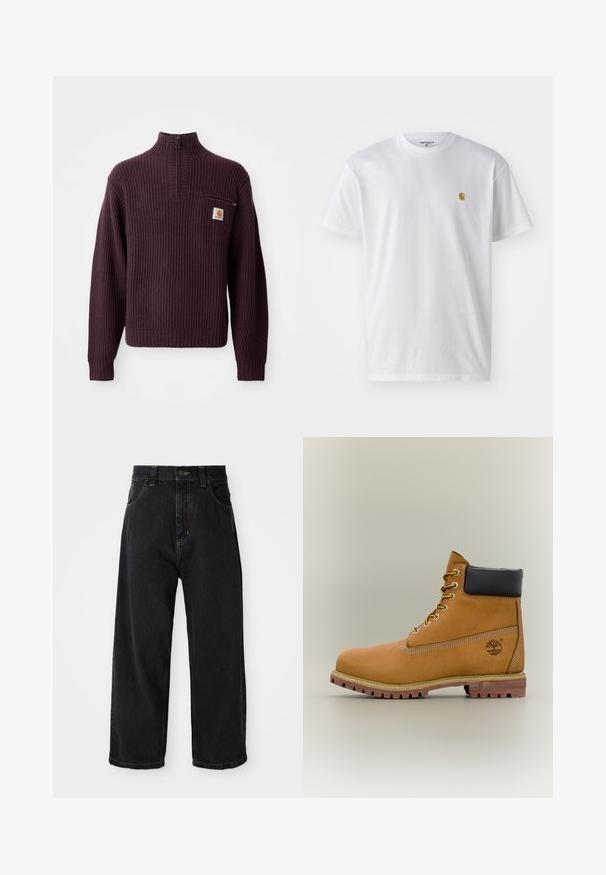 Pull en maille violet à col zippé mi-hauteur, avec une petite poche poitrine et un écusson logo à l'avant. Tissu texturé et poignets ajustés.; T-shirt en coton blanc à manches courtes, col rond, avec un petit logo doré sur la poitrine gauche. Texture douce et coupe régulière.; Jeans en denim noirs à coupe large avec taille haute, bouton avant, fermeture éclair et surpiqûres jaunes sur les poches et les coutures.; Bottine en cuir marron avec col noir, lacets jaunes et semelle beige. Présente un logo et des détails de couture blanche. Semelle extérieure à traction robuste.