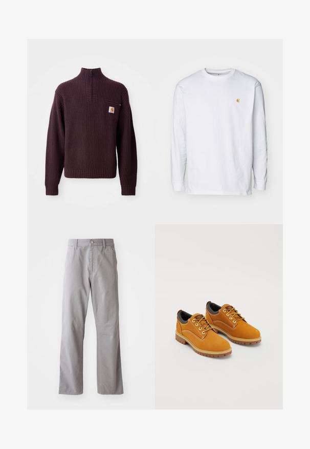 Lilla ribbet sweater med halv-zip krave, en lille brystlomme og et logo-patch på fronten. Tekstureret stof og tætsiddende manchetter.; Hvid langærmet t-shirt lavet af bomuld. Har et lille gyldent logo på brystet og en rund halsudskæring. Enkel design og standard pasform.; Grå bomuldsbukser med lige ben-design, der har en frontknaplukning og bæltestropper. Glat tekstur og minimal detaljer.; Brune ruskindssko med rund tå, gule snørebånd, en polstret sort krave og gummisåler med skridsikre riller.