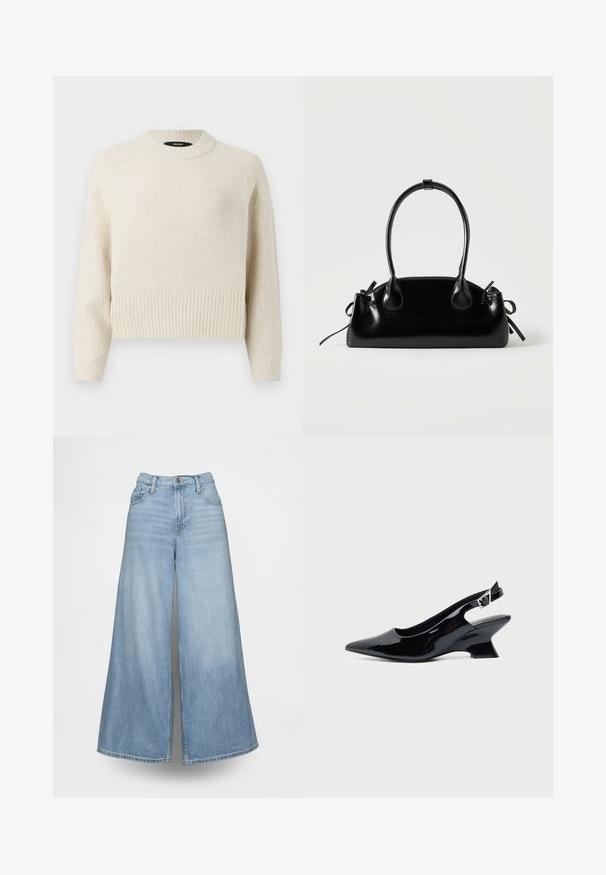 Pull tricoté beige clair avec un ourlet côtelé et un corps texturé. Il dispose d'un col rond et de manches longues avec une coupe décontractée.; Jean denim bleu clair à jambes larges, avec une taille haute, des poches avant et une fermeture à boutons. Le tissu présente un effet délavé.; Chaussure slingback en cuir verni noir avec bout pointu et petit talon bloc incliné sur fond clair uni.; Petit sac à main noir brillant avec deux longues anses et des détails à cordon sur les côtés sur un fond clair uni.