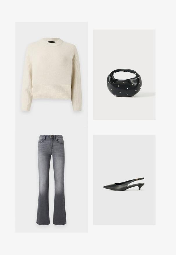 Pull tricoté beige clair avec un ourlet côtelé et un corps texturé. Il dispose d'un col rond et de manches longues avec une coupe décontractée.; Jean flare taille haute en denim gris foncé, avec poches frontales, fermeture à bouton et légère décoloration vers l'ourlet.; Chaussure slingback noire à bout pointu en cuir lisse. Présente un talon fin et un détail de boucle sur la sangle réglable.; Sac à main en cuir noir de forme arrondie, décoré de clous argentés et équipé d'une poignée courte. Texture lisse et fermeture éclair.