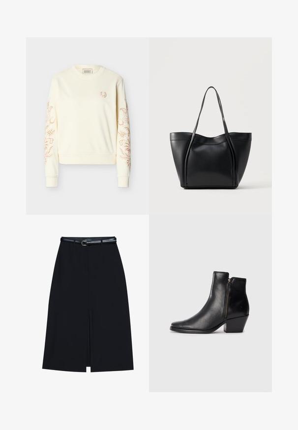 Sweat-shirt crème à manches longues avec col rond, petit fer à cheval brodé sur la poitrine, et broderie florale complexe le long des deux manches.; Jupe noire à mi-cuisse avec une fente frontale, fabriquée en tissu lisse. Comprend une fine ceinture noire avec une boucle en argent et des passants.; Bottines en cuir noir avec un bout pointu, une fermeture éclair sur le côté et un talon épais. Texture lisse et design minimaliste.; Sac cabas en cuir noir avec deux longues anses et un bord supérieur légèrement incurvé, présenté sur un fond clair uni.