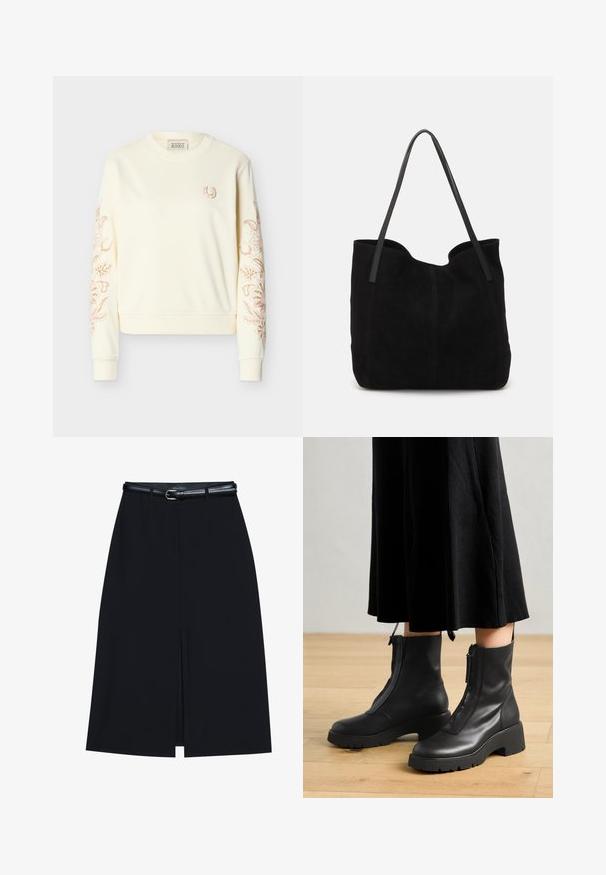 Sweat-shirt crème à manches longues avec col rond, petit fer à cheval brodé sur la poitrine, et broderie florale complexe le long des deux manches.; Jupe noire à mi-cuisse avec une fente frontale, fabriquée en tissu lisse. Comprend une fine ceinture noire avec une boucle en argent et des passants.; Bottines en cuir noir avec une semelle plateforme épaisse et une fermeture éclair à l'avant. Texture lisse avec un design minimaliste.; Sac fourre-tout en suède noir avec deux longues anses en cuir plates. Présente un bord supérieur incurvé et des coutures visibles sur le devant. Pas d'accents en métal.