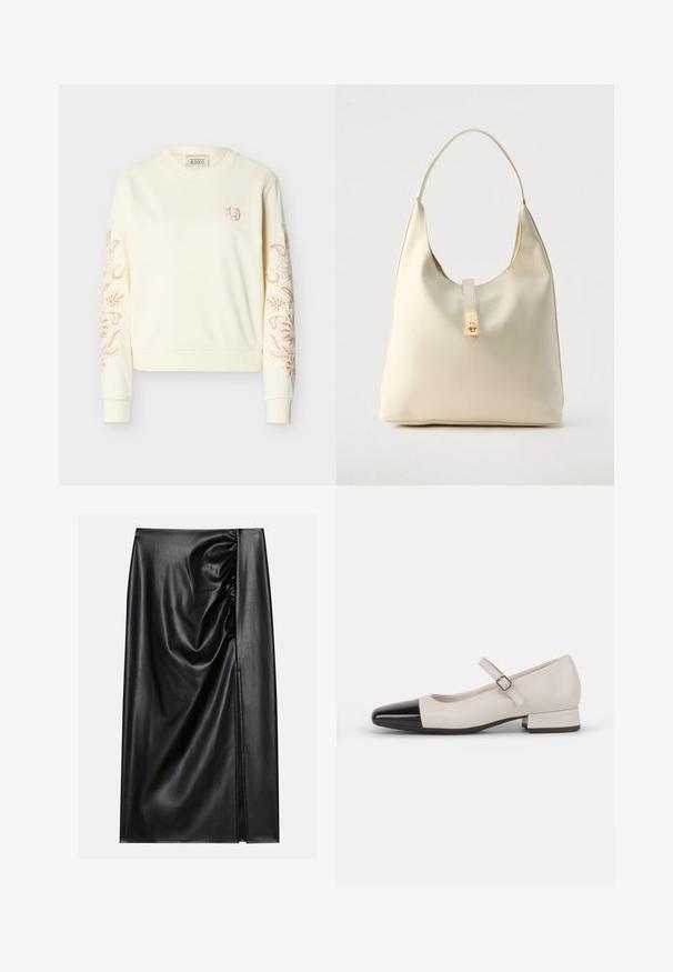 Sweat-shirt crème à manches longues avec col rond, petit fer à cheval brodé sur la poitrine, et broderie florale complexe le long des deux manches.; Jupe en cuir noir avec une texture lisse, présentant une section froncée sur un côté et une fente sur le côté pour un détail supplémentaire.; Chaussure de style Mary Jane en cuir crème avec un bout en vernis noir. Présente un bout rond, une sangle de cheville avec une boucle carrée et un petit talon carré.; Sac hobo en cuir couleur crème avec une seule bandoulière, texture lisse et un détail de fermoir doré à l'avant.