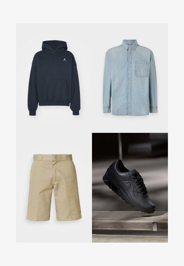 Zwarte hoodie van katoen met een kangoeroezak, relaxte pasvorm en een klein wit Jumpman-logo op de linkerkant van de borst.; Lichtblauwe denim shirt met lange mouwen, een knoopsluiting aan de voorkant en een enkele borstzak. Het heeft een klassieke kraag en standaard manchetten.; Khaki shorts met een vlakke voorkant, gestikte tailleband met riemlussen en twee zijzakken. Gemaakt van lichtgewicht stof.; Zwarte Nike Air Max sneakers met een bovenwerk van gestructureerd leer, rubberen zool en een opvallend vetersysteem, dat een strakke, moderne uitstraling heeft.
