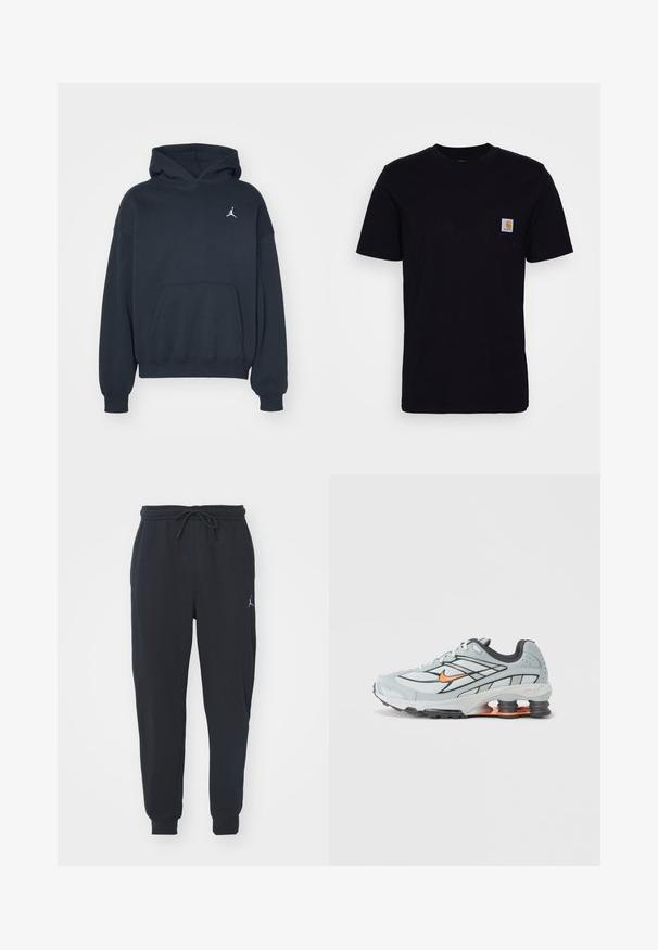 Haut à capuche noir en coton avec une poche kangourou, coupe décontractée, et un petit logo Jumpman blanc sur la partie gauche de la poitrine.; T-shirt en coton noir à manches courtes, col rond et poche poitrine avec un petit patch logo carré. Design simple et uni.; Pantalons de jogging noirs en tissu doux, dotés d'une taille élastique avec un cordon de serrage, de poignets côtelés et d'un petit logo sur la cuisse gauche.; Chaussure de course gris clair avec accents noirs, logo orange, tige en mesh, col rembourré et semelle en caoutchouc avec unités d'absorption des chocs visibles.