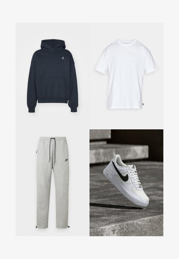 Zwarte hoodie van katoen met een kangoeroezak, relaxte pasvorm en een klein wit Jumpman-logo op de linkerkant van de borst.; Witte katoenen t-shirt met korte mouwen en een ronde hals. Heeft een klein, subtiel Nike-logo op de borst en een zijlabel.; Grijze Nike trainingsbroek met een verstelbare tailleband, zijzakken en elastische boorden. Heeft een soepele textuur en contrasterende zwarte logo-details.; Witte Nike Air Force 1 sneaker met zwarte swoosh, veters gestrikt, zwevend in de lucht boven een gestructureerd betonnen oppervlak buiten.