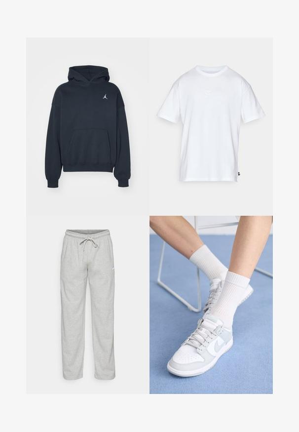 Sort hættetrøje lavet af bomuld med en kængurulomme, afslappet pasform og et lille hvidt Jumpman-logo på venstre brystområde.; Hvid bomulds T-shirt med korte ærmer og rund hals. Har et lille, diskret Nike-logo på brystet og et sidelabel.; Lys grå sweatpants lavet af blødt stof. Har en elastisk talje med snøre og Nike-logo i sort på venstre lår.; Hvide sneakers med lyseblå accenter, læderoverdel, perforeret tå, tykke snørebånd og ribbede hvide sokker mod en blå baggrund.
