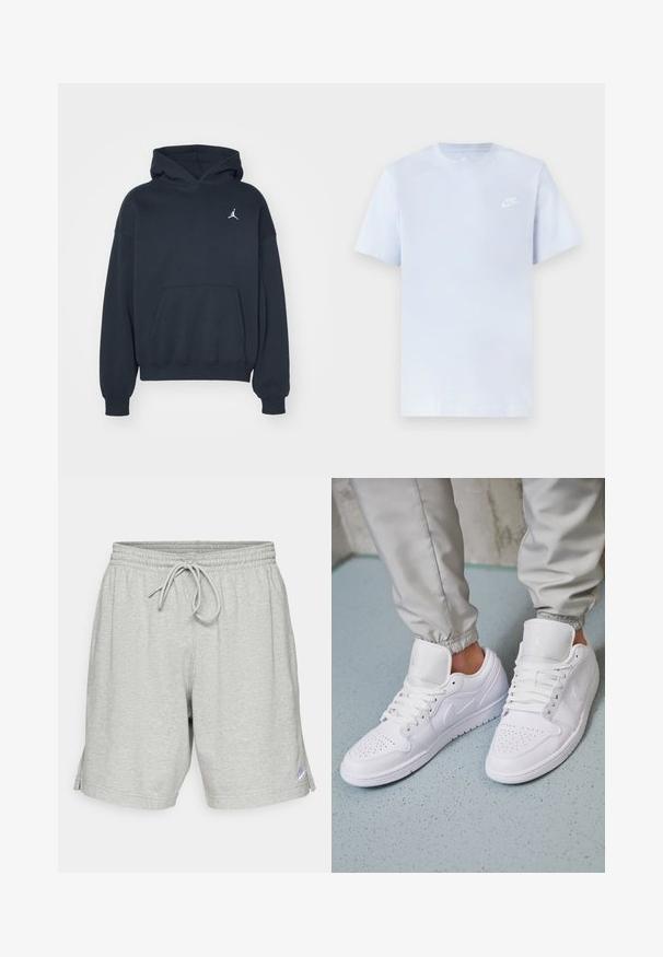 Zwarte hoodie van katoen met een kangoeroezak, relaxte pasvorm en een klein wit Jumpman-logo op de linkerkant van de borst.; Lichtblauwe katoenen t-shirt met korte mouwen, ronde hals en een wit Nike-logo gedrukt op de linkerborst. Glad textuur, eenvoudig ontwerp.; Grijze sportshorts van zachte stof, met een elastische tailleband met trekkoord en een klein logo aan de onderkant aan de linkerkant.; Witte leren sneakers met een geperforeerde neus, platte veters, een gepolsterde kraag en het Jordan-logo op de tong. Gediend met grijze joggers.