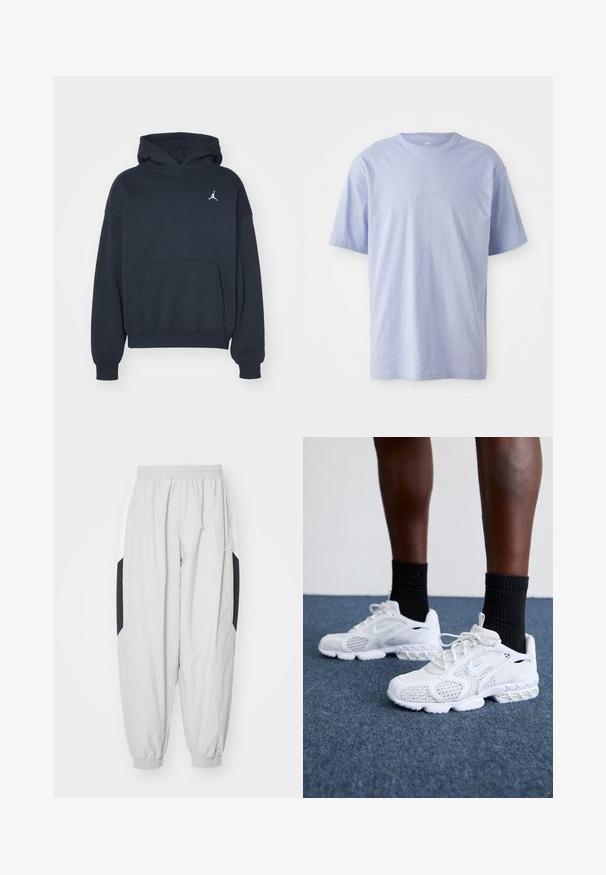 Sort hættetrøje lavet af bomuld med en kængurulomme, afslappet pasform og et lille hvidt Jumpman-logo på venstre brystområde.; Lysblå bomulds T-shirt med rund halsudskæring og korte ærmer. Har et præget "nike" logo i midten foran. Blød tekstur.; Lys grå træningsbukser lavet af letvægtsstof, med elastisk talje og manchetter, samt kontrasterende sorte og hvide sidelapper.; Hvide atletik-sko med mesh-overdel, teksturerede accenter og polstret sål. Parret med sorte ribbede ankelstrømper på en blå tæppebelagt overflade.