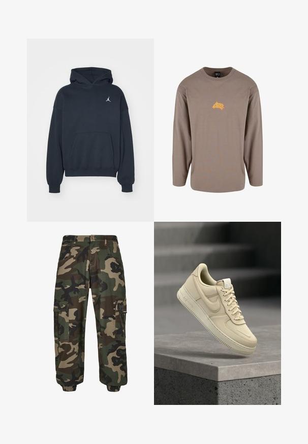 Musta puuvillane huppari, jossa on kengurupocket, rento leikkaus ja pieni valkoinen Jumpman-logo vasemmassa rintataskussa.; Pitkähihainen T-paita vaaleanruskeasta puuvillasta, jossa on tekstuuripinta, ja edessä keskellä pieni oranssi graafinen logo.; Vihreät, ruskeat ja beige camouflage-housut. Valmistettu puuvillasta, jossa on joustava vyötärö ja hihnat, useita taskuja ja rento leikkaus.; Beige Nike Air Force 1 -tennari leijuu harmaan betonireunuksen yllä, taustalla epätarkka portaikko.