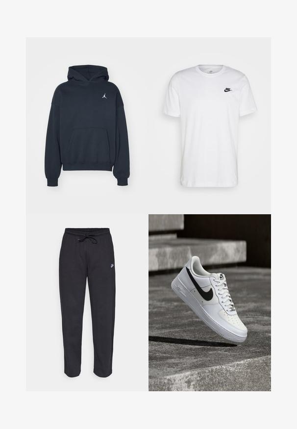 Zwarte hoodie van katoen met een kangoeroezak, relaxte pasvorm en een klein wit Jumpman-logo op de linkerkant van de borst.; Witte katoenen t-shirt met ronde hals, korte mouwen en een zwart Nike-logo op de linkerkant van de borst. Eenvoudig, effen kleur ontwerp.; Zwarte sweatpants van zacht stof met een elastische tailleband, trekkoord en een klein Nike-logo op de linker bovenbeen.; Witte Nike Air Force 1 sneaker met zwarte swoosh, veters gestrikt, zwevend in de lucht boven een gestructureerd betonnen oppervlak buiten.