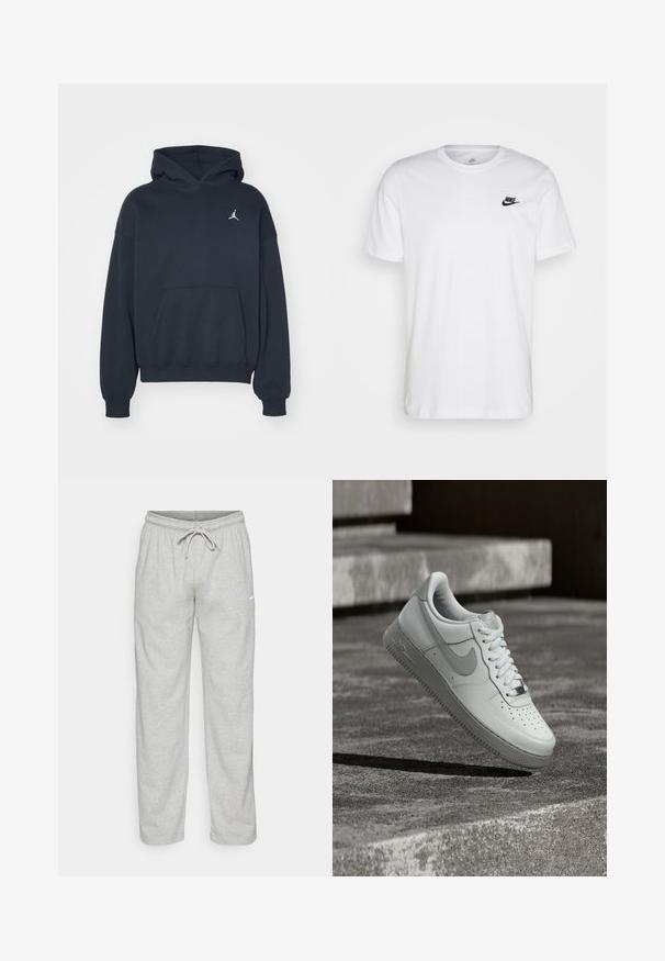 Sort hættetrøje lavet af bomuld med en kængurulomme, afslappet pasform og et lille hvidt Jumpman-logo på venstre brystområde.; Hvid bomulds T-shirt med rund hals, korte ærmer og et sort Nike-logo på venstre bryst. Enkel, ensfarvet design.; Lys grå sweatpants lavet af blødt stof. Har en elastisk talje med snøre og Nike-logo i sort på venstre lår.; Hvid Nike Air Force 1 sneaker, der svæver over en tekstureret betongulv med stenetrin i baggrunden.