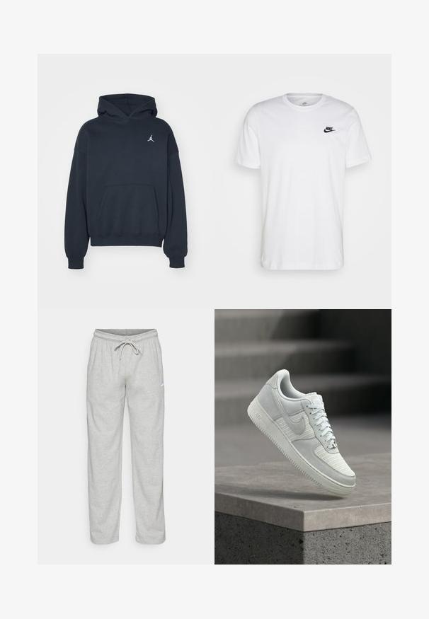 Sort hættetrøje lavet af bomuld med en kængurulomme, afslappet pasform og et lille hvidt Jumpman-logo på venstre brystområde.; Hvid bomulds T-shirt med rund hals, korte ærmer og et sort Nike-logo på venstre bryst. Enkel, ensfarvet design.; Lys grå sweatpants lavet af blødt stof. Har en elastisk talje med snøre og Nike-logo i sort på venstre lår.; Hvid Nike Air Force 1 sneaker med mesh og læderpaneler, snørebånd bundet, svævende over en betonrækværk mod en sløret baggrund af trapper.