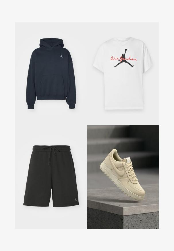 Zwarte hoodie van katoen met een kangoeroezak, relaxte pasvorm en een klein wit Jumpman-logo op de linkerkant van de borst.; Wit katoenen T-shirt met een zwarte silhouet van een basketballer en rode "Air Jordan" tekst over de borst. Korte mouwen, klassieke pasvorm.; Zwarte sportshorts van zacht materiaal, met een elastische tailleband met koord, zijzakken en een klein logo op het linkerbeen.; Beige Nike Air Force 1 sneaker zweeft boven een grijs betonnen richel met een vervaagde trap op de achtergrond.
