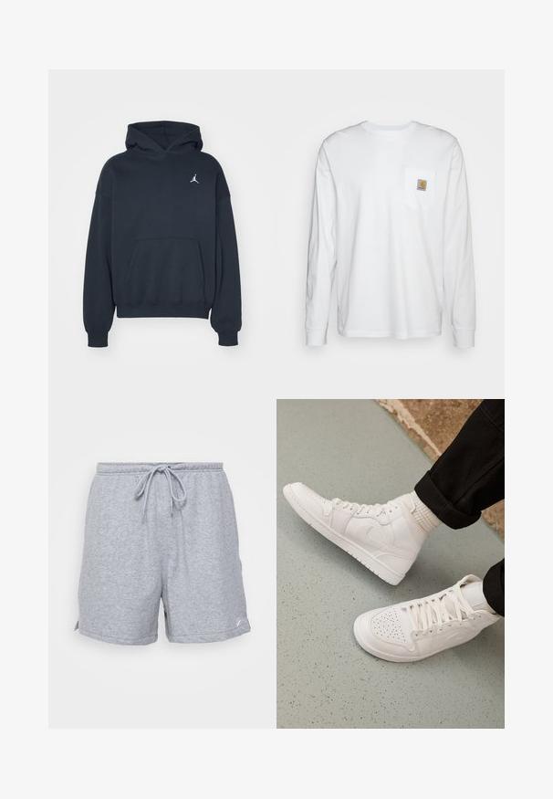 Sort hættetrøje lavet af bomuld med en kængurulomme, afslappet pasform og et lille hvidt Jumpman-logo på venstre brystområde.; Langærmet hvid skjorte lavet af bomuld, med en brystlomme og et kvadratisk logomærke. Simpelt design med rund udskæring og manchetter.; Grå bomulds sportshorts med justérbar snor i taljen, sidelommer og et lille logo nederst på kanten.; Hvide høj-top sneakers lavet af glat læder med perforeret tå, snørelukning og subtil logo detaljer på siden. Tekstureret gummisål.