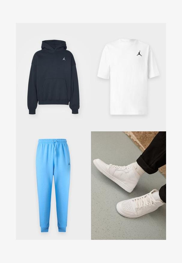 Sort hættetrøje lavet af bomuld med en kængurulomme, afslappet pasform og et lille hvidt Jumpman-logo på venstre brystområde.; Hvid bomuld T-shirt med rund hals og korte ærmer. Den har et lille sort Jordan-logo på venstre brystområde.; Lyseblå joggebukser med elastisk talje og snøre, tilspidsede ben, manchetter ved anklerne og lille mørkt logo på venstre lår.; Hvide høj-top sneakers lavet af glat læder med perforeret tå, snørelukning og subtil logo detaljer på siden. Tekstureret gummisål.