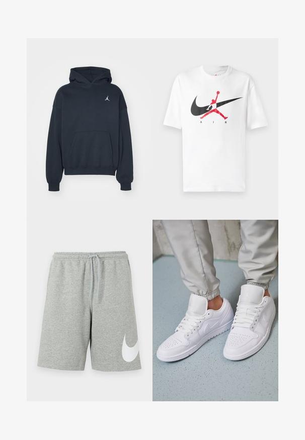 Zwarte hoodie van katoen met een kangoeroezak, relaxte pasvorm en een klein wit Jumpman-logo op de linkerkant van de borst.; Witte katoenen T-shirt met een groot zwart en rood Nike Swoosh-logo, vergezeld van de silhouet van een basketballer. Korte mouwen, ronde halslijn.; Lichtgrijze sportshort met elastische tailleband, trekkoord en groot wit Nike Swoosh-logo op het onderste deel van het linkerbeen.; Witte leren sneakers met een geperforeerde neus, platte veters, een gepolsterde kraag en het Jordan-logo op de tong. Gediend met grijze joggers.