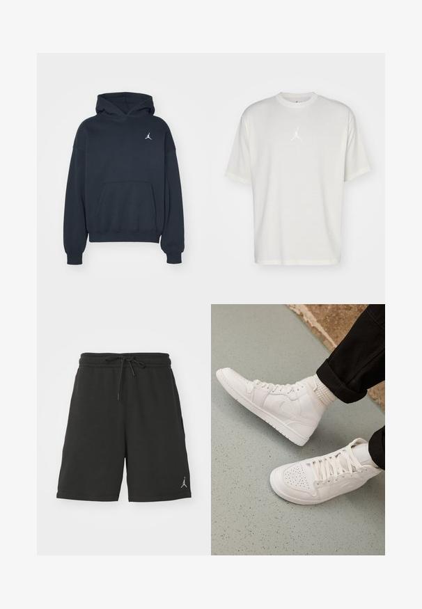 Haut à capuche noir en coton avec une poche kangourou, coupe décontractée, et un petit logo Jumpman blanc sur la partie gauche de la poitrine.; T-shirt en coton blanc avec un col rond, des manches courtes et un petit logo brodé au centre. Design ajusté avec des coutures minimales.; Shorts de sport noirs en tissu doux, dotés d'une taille élastique avec cordon de serrage, de poches latérales et d'un petit logo sur la jambe gauche.; Baskets montantes blanches en cuir lisse avec un bout perforé, fermeture à lacets et un discret logo sur le côté. Semelle en caoutchouc texturé.