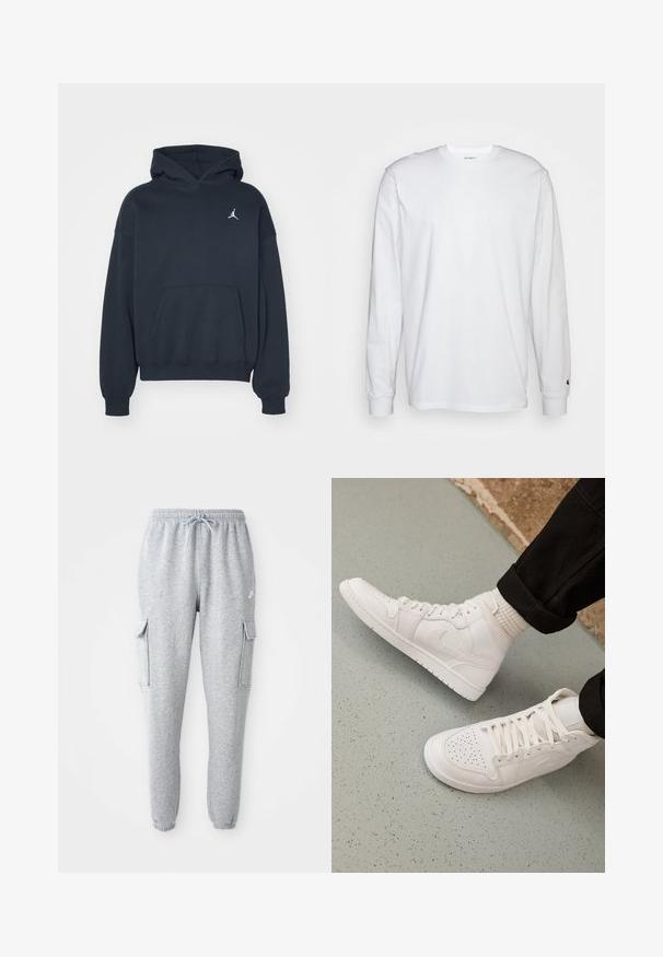 Sort hættetrøje lavet af bomuld med en kængurulomme, afslappet pasform og et lille hvidt Jumpman-logo på venstre brystområde.; Hvid langærmet T-shirt lavet af bomuld. Rund halsudskæring med ribbede manchetter og et lille logo på venstre ærme. Glat tekstur.; Grå sweatpants lavet af blødt stof, med en elastisk talje med snor, to sidelommer og tapered manchetter.; Hvide høj-top sneakers lavet af glat læder med perforeret tå, snørelukning og subtil logo detaljer på siden. Tekstureret gummisål.
