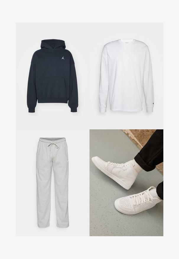 Zwarte hoodie van katoen met een kangoeroezak, relaxte pasvorm en een klein wit Jumpman-logo op de linkerkant van de borst.; Witte lange mouwen T-shirt van katoen. Ronde hals ontwerp met ribgebreide manchetten en een klein logo op de linkermouw. Gladde textuur.; Lichtgrijze sweatpants van zachte stof. Heeft een elastische tailleband met trekkoord en een zwart Nike-logo op de linker bovenbeen.; Witte hoge sneakers van glad leer met een geperforeerde teen, vetersluiting en subtiele logo-details aan de zijkant. Geprofileerde rubberen zool.