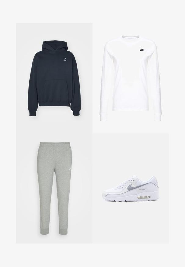 Sort hættetrøje lavet af bomuld med en kængurulomme, afslappet pasform og et lille hvidt Jumpman-logo på venstre brystområde.; Hvid langærmet T-shirt lavet af bomuld, med et lille sort Nike-logo på venstre bryst og en rund halsudskæring. Glat tekstur.; Grå sweatpants lavet af blødt stof, med tapered ben design, elastisk talje og lille hvid Nike-logo på venstre lår.; Hvid og grå Nike Air Max sneaker med synlig luftpolstring i sålen, mesh- og læderoverdel samt Nike-swoosh på siden.