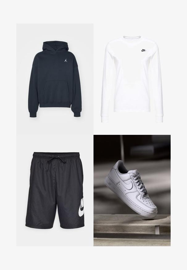 Zwarte hoodie van katoen met een kangoeroezak, relaxte pasvorm en een klein wit Jumpman-logo op de linkerkant van de borst.; Witte lange mouwen T-shirt van katoen, met een klein zwart Nike-logo op de linkerkant van de borst en een ronde halslijn. Gladde textuur.; Zwarte zwemshorts van lichtgewicht materiaal, met een elastische tailleband met koord en een groot wit Nike-logo op het linkerbeen.; Witte Nike Air Force 1 sneaker van leer met geperforeerde neus, platte veters en een gestructureerde rubberen zool met "AIR"-logo aan de zijkant.