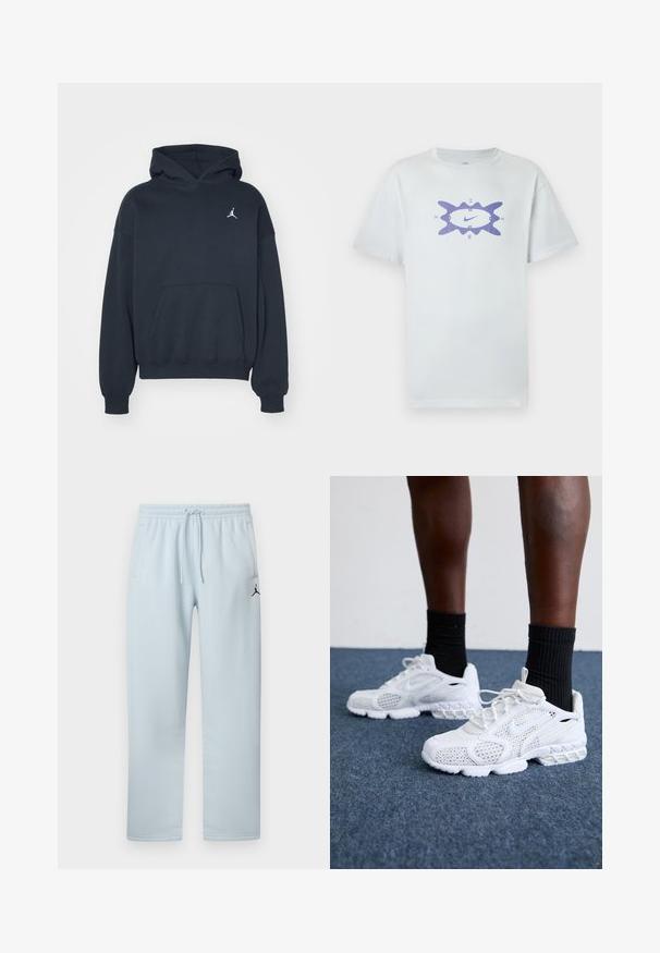 Sort hættetrøje lavet af bomuld med en kængurulomme, afslappet pasform og et lille hvidt Jumpman-logo på venstre brystområde.; Hvid bomuldst-shirt med en løs pasform, med et lilla grafisk motiv i midten, omgivet af en bølget kontur. Korte ærmer.; Lyseblå joggingbukser lavet af blødt stof med elastisk taljebånd med snor, to sidelommer og en sort logo-detalje.; Hvide atletik-sko med mesh-overdel, teksturerede accenter og polstret sål. Parret med sorte ribbede ankelstrømper på en blå tæppebelagt overflade.