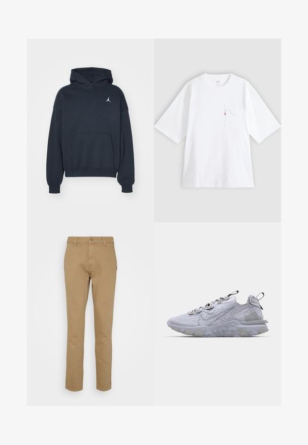Zwarte hoodie van katoen met een kangoeroezak, relaxte pasvorm en een klein wit Jumpman-logo op de linkerkant van de borst.; Wit katoenen T-shirt met korte mouwen, ronde hals en een borstzak aan de linkerkant. Heeft een klein rood logotagje op de zak.; Only & Sons ONSAVI PANT - Chino - fallen rock; Lichtgrijze sportschoen met een ademend mesh bovenwerk, een geprofileerde rubberen zool en reflecterende accenten. Bevat een gevoerde kraag en een vetersluiting.