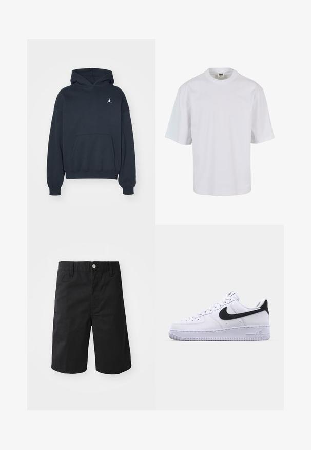 Zwarte hoodie van katoen met een kangoeroezak, relaxte pasvorm en een klein wit Jumpman-logo op de linkerkant van de borst.; Witte, korte mouw t-shirt van katoen. Beschikt over een ronde hals en een losse pasvorm met een gladde textuur en geen zichtbare patronen of graphics.; Zwarte katoenen shorts met een rechte snit, riemlussen, een metalen knoopsluiting en zonder zichtbare patronen of accenten.; Witte leren sneaker met een gestructureerde zwarte Swoosh, platte veters en een rubberen zool met een geribbeld patroon. "AIR" is in de hak geperst.