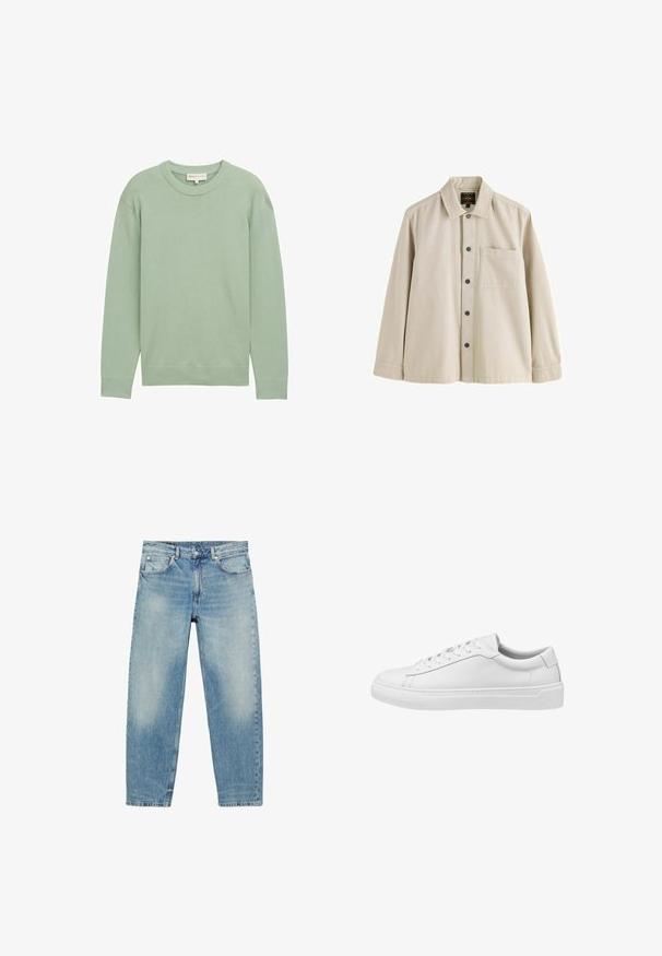 Lys grøn, langærmet sweater med rund halsudskæring og ribbede manchetter og kant, præsenteret på en ensfarvet baggrund.; Beige langærmet skjorte med knapper, krave og en brystlomme, lavet af et robust stof.; Blå straight-leg denim jeans med forlommer og bæltestropper, der viser let falmede detaljer på lår og knæ.; Hvide lædersneakers med en glat tekstur, rund tå, flad sål og seks snørrehuller. Minimalistisk design med diskrete syninger.