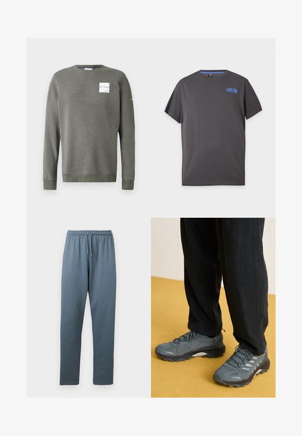 Olivgrüner Sweatshirt aus weichem Stoff, mit Rundhalsausschnitt, langen Ärmeln und einem rechteckigen weißen Logo-Patch auf der Vorderseite.; Dunkelgraues T-Shirt mit kurzen Ärmeln und Rundhalsausschnitt mit kleinem blauem The North Face-Logo auf der oberen linken Brust vor weißem Hintergrund.; Blaugraue Sweatpants mit elastischem Bund, verstellbarem Kordelzug und geraden Beinen, dargestellt vor weißem Hintergrund.; Graue Netz- und synthetische Sportschuhe mit ausgeprägtem Profil, reflektierenden Akzenten und Schnürdesign, kombiniert mit lockeren schwarzen Hosen.