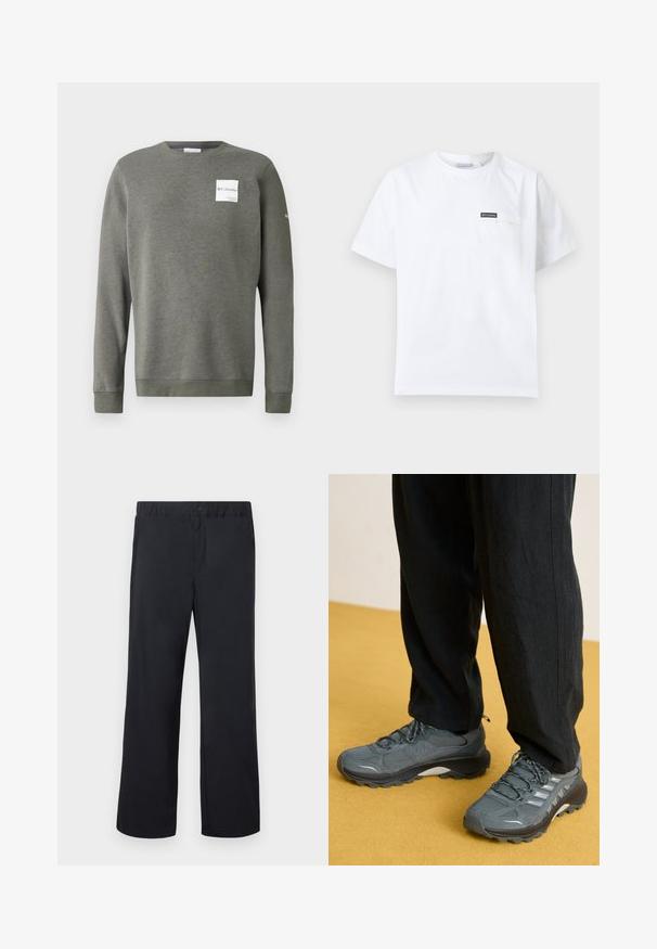 Olivgrüner Sweatshirt aus weichem Stoff, mit Rundhalsausschnitt, langen Ärmeln und einem rechteckigen weißen Logo-Patch auf der Vorderseite.; Weißes T-Shirt mit kurzen Ärmeln und Rundhalsausschnitt, verfügt über eine kleine Brusttasche mit einem schwarzen Columbia-Logo-Patch.; Schwarze Hose mit geradem Bein, elastischem Bund und einem Knopf über dem Reißverschluss, flach auf weißem Hintergrund ausgelegt.; Graue Netz- und synthetische Sportschuhe mit ausgeprägtem Profil, reflektierenden Akzenten und Schnürdesign, kombiniert mit lockeren schwarzen Hosen.
