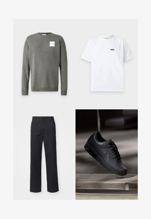 Sweatshirt vert olive en tissu doux, doté d'un col rond, de manches longues et d'un patch logo rectangulaire blanc à l'avant.; T-shirt blanc à manches courtes et col rond avec petite poche poitrine ornée d'un écusson logo Columbia noir.; Pantalons droits noirs en tissu en mélange de coton. Présentent une taille plate avec passants de ceinture et sans matériel ou embellissements visibles.; Baskets noirs Nike Air Max avec un dessus en cuir texturé, semelle en caoutchouc et un système de laçage proéminent, mettant en avant un design moderne et épuré.