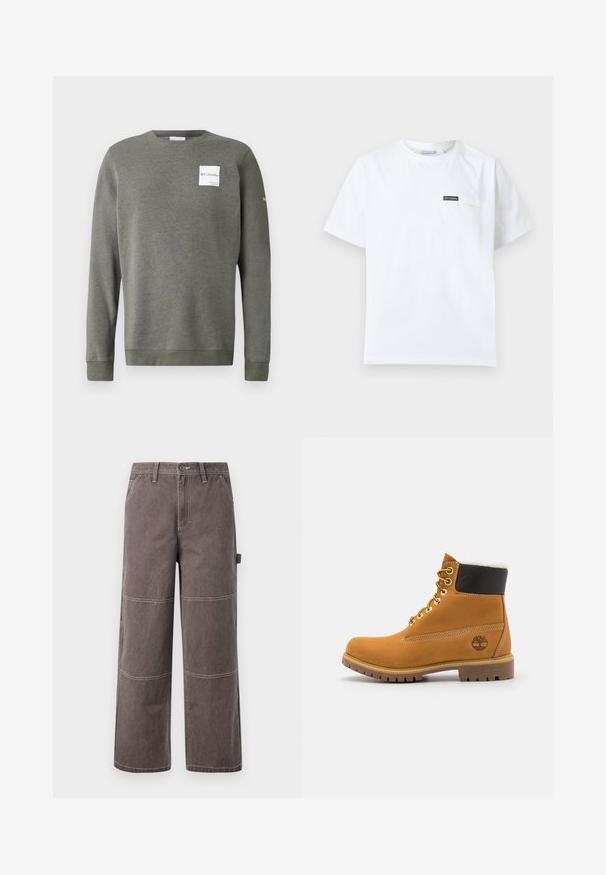 Oliven grøn sweatshirt lavet af blødt stof, med rund hals, lange ærmer og et rektangulært hvidt logo-patch på fronten.; Hvid T-shirt med korte ærmer og rund halsudskæring samt en lille brystlomme med et sort Columbia-logo påsat.; Bredde ben bukser i en falmet brun farve, lavet af holdbart stof med kontrasterende syninger. Har paneldetaljer og en sidelomme.; Brune læder ankelstøvle med metaløjer, hvid pelsforing, sort polstret krave, robust sål og præget logo på siden.