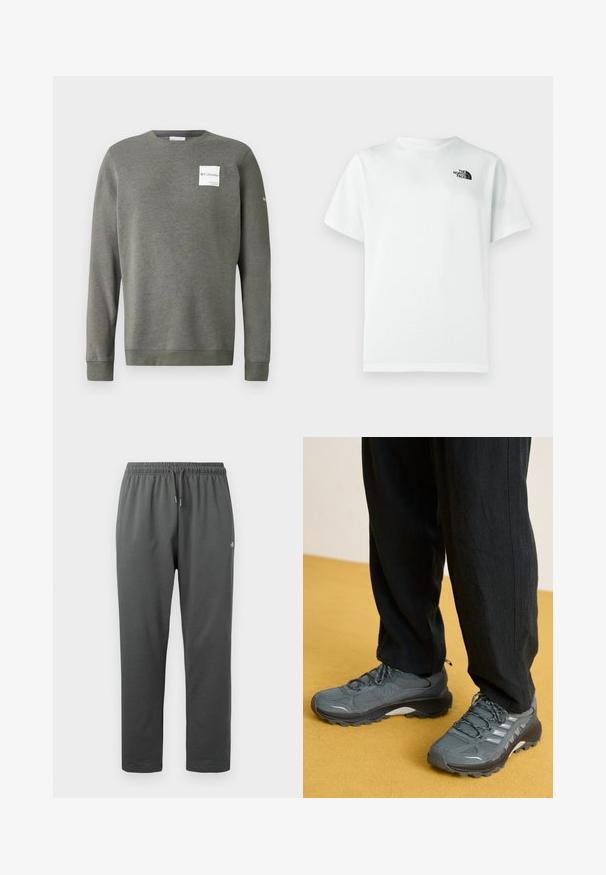 Oliven grøn sweatshirt lavet af blødt stof, med rund hals, lange ærmer og et rektangulært hvidt logo-patch på fronten.; Hvid bomulds T-shirt med korte ærmer og rund halsudskæring, med en lille sort logo på venstre brystområde. Glat tekstur.; Mørkegrå fleece-sweatpants med elastisk taljebånd og snor, med en lille logo på højre lår.; Grå mesh- og syntetiske sportssko med fremtrædende såler, reflekterende accenter og snørebåndsdesign, parret med løse sorte bukser.