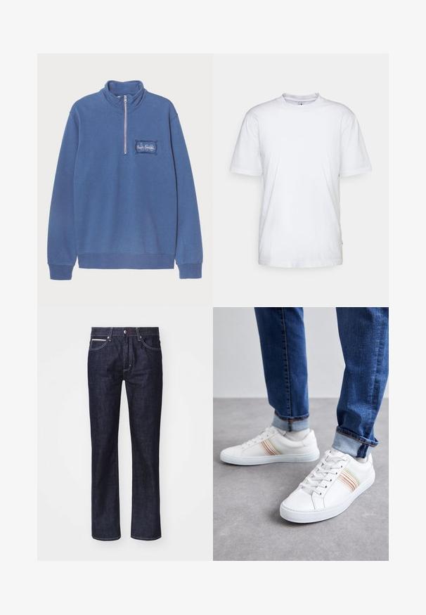 Blauwe sweatshirt met een hoge kraag en halve ritssluiting. Geborduurd logo op de linkerkant van de borst en ribgebreide manchetten en zoom. Zachte katoenmix stof.; Witte katoenen t-shirt met een ronde hals, korte mouwen en een rechte zoom. Heeft een klein merktag aan de linkerkant van de zijnaad.; Donkerblauwe denim jeans met een rechte snit, subtiele contrasterende stiksels, vijf zakken en een knoopsluiting bij de taille.; Witte leren sneakers met meerkleurige strepen, vetersluiting, rubberen zool en gevoerd kraagje, gecombineerd met blauwe spijkerbroek.