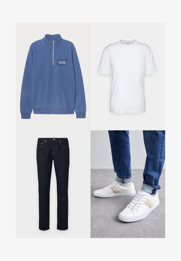 Blaues Sweatshirt mit hohem Kragen und halbem Reißverschluss. Besticktes Logo-Detail auf der linken Brust sowie gerippte Bündchen und Saum. Weicher Baumwollmix-Stoff.; Weißes Baumwoll-T-Shirt mit Rundhalsausschnitt, kurzen Ärmeln und geradem Saum. Auf der linken Seitennaht befindet sich ein kleines Markenzeichen.; Dunkelblaue Jeans mit geradem Bein, ausgestattet mit kontrastierenden Nähten, klassischem Fünf-Taschen-Stil und einem Knopfverschluss am Bund.; Weiße Leder-Sneaker mit mehrfarbigen Streifen, Schnürdesign, Gummisohle und gepolstertem Kragen, kombiniert mit blauen Jeans.