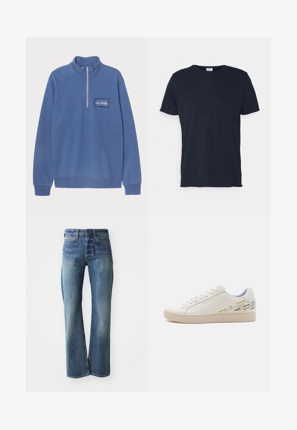 Blaues Sweatshirt mit hohem Kragen und halbem Reißverschluss. Besticktes Logo-Detail auf der linken Brust sowie gerippte Bündchen und Saum. Weicher Baumwollmix-Stoff.; Marineblaue Baumwoll-T-Shirt mit Rundhalsausschnitt und kurzen Ärmeln, mit einer glatten Oberfläche und einfachem Design, ohne sichtbare Muster oder Akzente.; Jeans aus Denim in einem hellen bis mittleren Blauton, mit geradem Schnitt, klassischem Fünf-Taschen-Design und subtiler Ausbleichung auf der Vorderseite.; Weisse Ledersneakers mit einer glatten Textur, ausgestattet mit bunten Linienmustern an der Ferse und einer beigen Gummisohle.