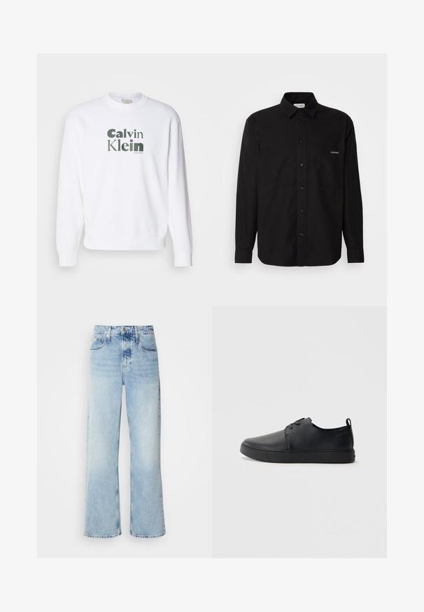 Hvid sweatshirt med ribbede manchetter og kant, der har et stort grønt "Calvin Klein" logo i en moderne skrifttype trykt på fronten.; Sort langærmet skjorte lavet af bomuld, med knaplukning foran, to brystlommer og et lille logo på den venstre lomme.; Lysblå vide jeans med høj talje, der har en falmet finish, bæltestropper og klassisk fem-lomme design. Kantene er rå.; Sorte lædersneakers med en glat finish, rund tå, tonalt syning, snøring foran og en flad gummisål. Løkke ved hælen.