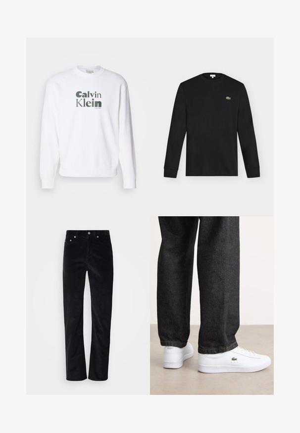 Hvid sweatshirt med ribbede manchetter og kant, der har et stort grønt "Calvin Klein" logo i en moderne skrifttype trykt på fronten.; Sort langærmet crew neck skjorte med lille grønt krokodillelogo på venstre bryst, vist mod en ensartet lys baggrund.; Sorte fløjlsbukser med lige ben. Har en knaplukning og fem lomme-stil. Tekstureret ribbet stof.; Hvite lærsneakers med et lavprofil-design og grønt logo, parret med mørke denimjeans med gul syning.