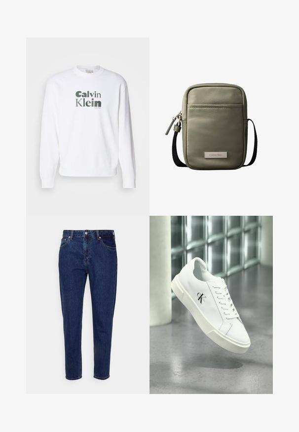 Hvid sweatshirt med ribbede manchetter og kant, der har et stort grønt "Calvin Klein" logo i en moderne skrifttype trykt på fronten.; Mørkeblå straight-leg cowboybukser med forreste knap- og lynlås-lukning, bæltestropper samt for- og baglommer.; Hvid Calvin Klein sneaker med snørebånd, vist svævende over en poleret betongulv og en baggrund af glasblokke.; Kompakt korsbodytaske i olivengrøn med forlomme, sort justerbar rem, lynlåslukning og Calvin Klein logo-plakette.