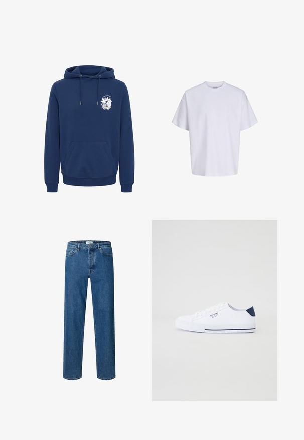 Marineblaue Kapuzenjacke aus weichem Stoff, mit einer vorderen Kängurutasche, Kapuze mit Kordelzug und einem weißen grafischen Druck auf der Brust.; Schlichtes weißes oversized T-Shirt mit kurzen Ärmeln, Rundhalsausschnitt und lockerem Sitz vor weißem Hintergrund.; Blaue Jeans mit geradem Bein, Knopf- und Reißverschluss, Gürtelschlaufen und Fünf-Taschen-Design.; Weiße Canvas-Sneaker mit navyblauem Fersenakzent, flacher Gummisohle, runder Zehenpartie und weißen Schnürsenkeln. Mit Logo an der Seite.